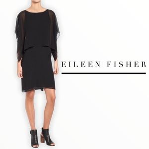 Eileen Fisher black silk georgette popover dress, Size M, black